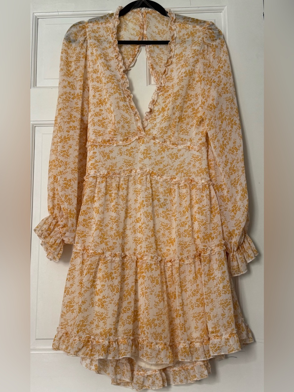 Windsor Cream and Yellow Floral Print Ruffle Tiered Long Sleeve Dress